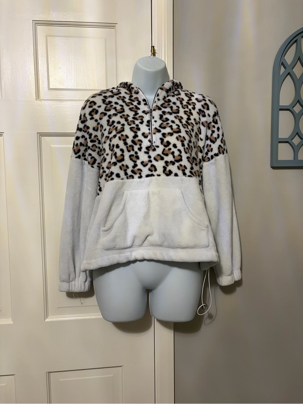 SHEIN Leopard Print Half-Zip Fleece Pullover - Cream, Brown & Black